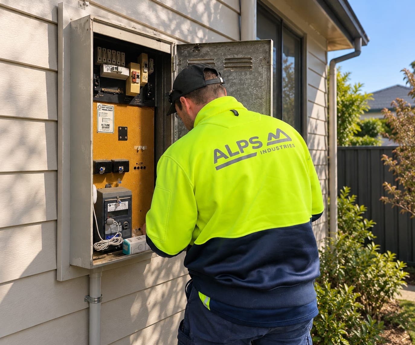 Alps Industries electrician inspecting an open meter cabinet